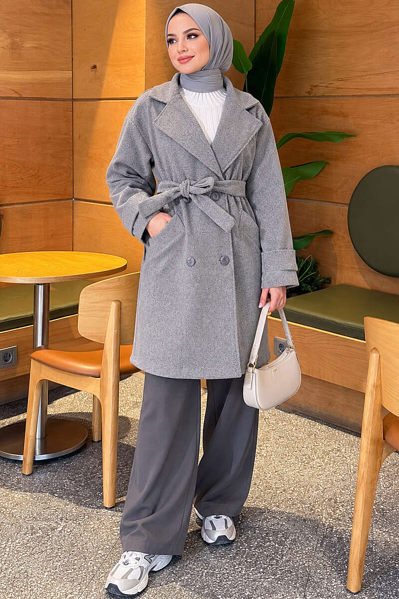 Belted Felt Coat with Epaulette Cuffs - Heather Grey