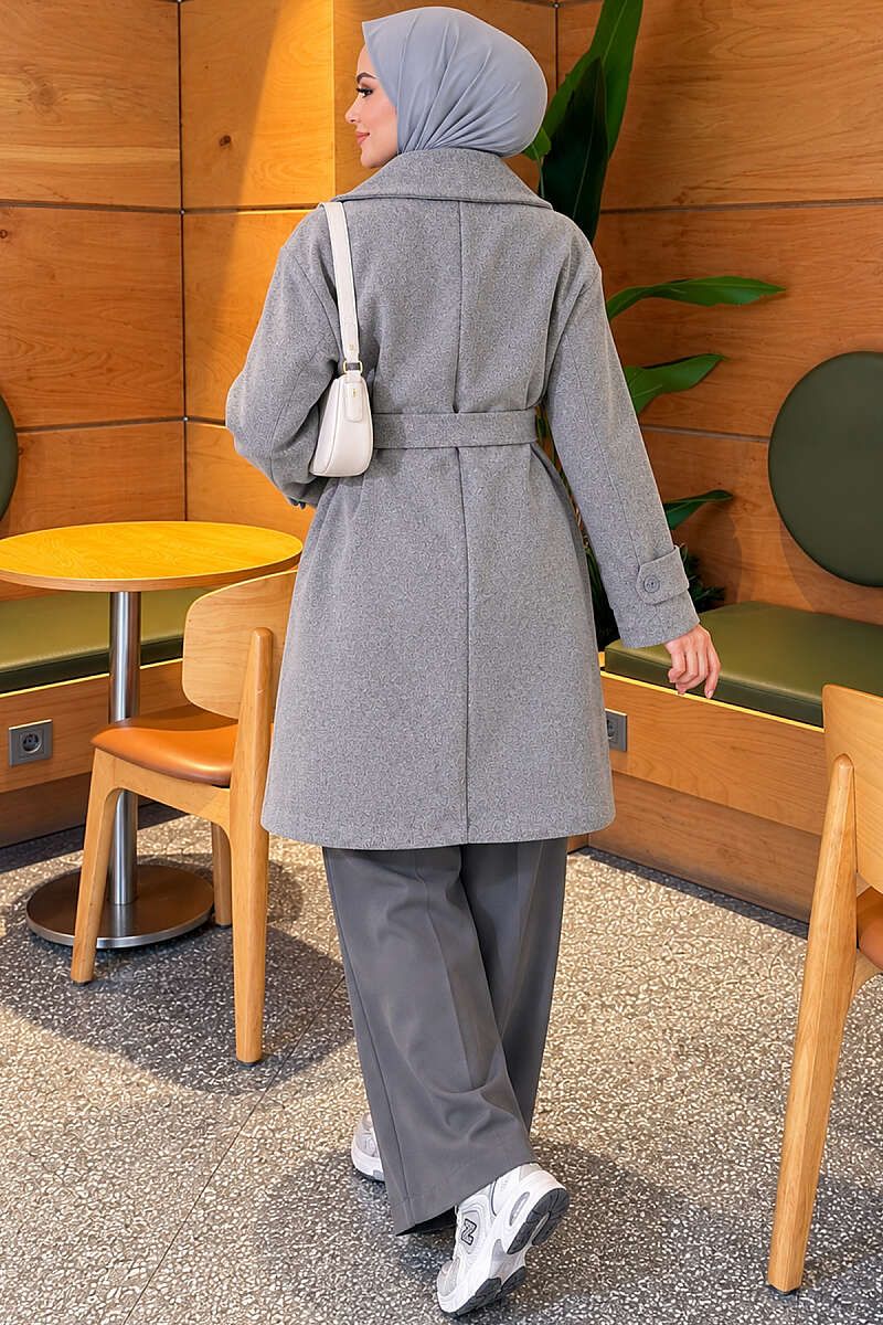 Belted Felt Coat with Epaulette Cuffs - Heather Grey