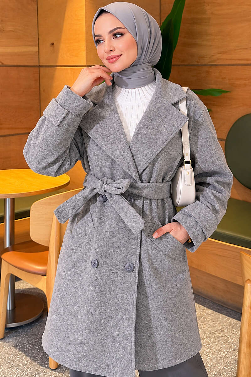 Belted Felt Coat with Epaulette Cuffs - Heather Grey