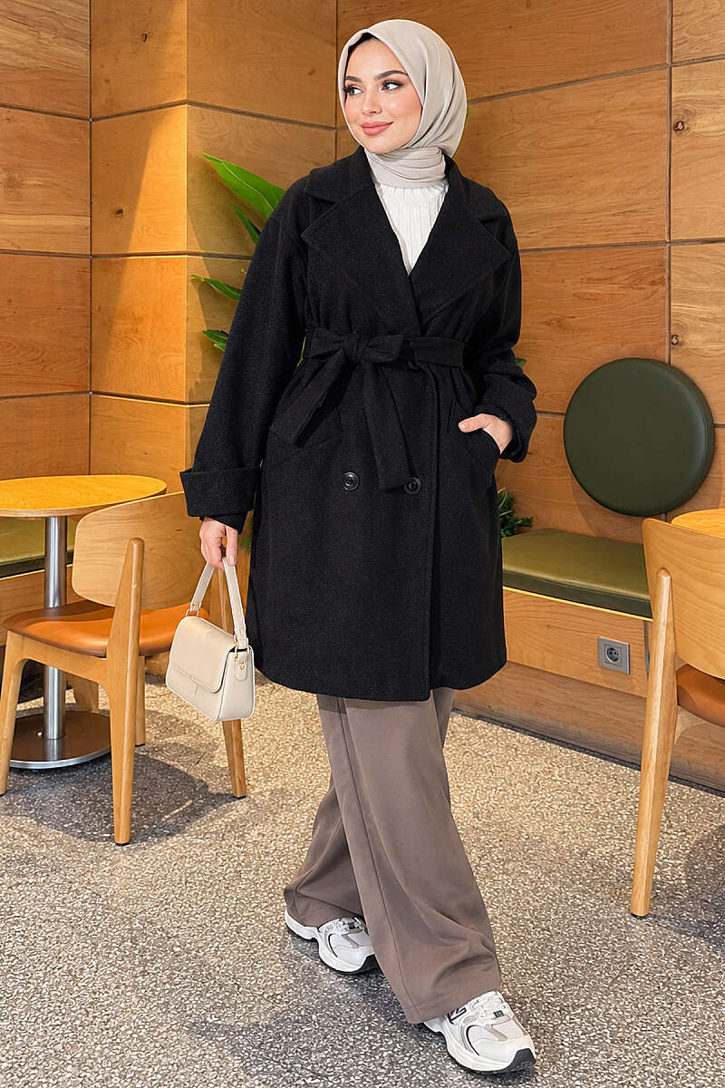 Belted Felt Coat with Epaulette Cuffs - Black