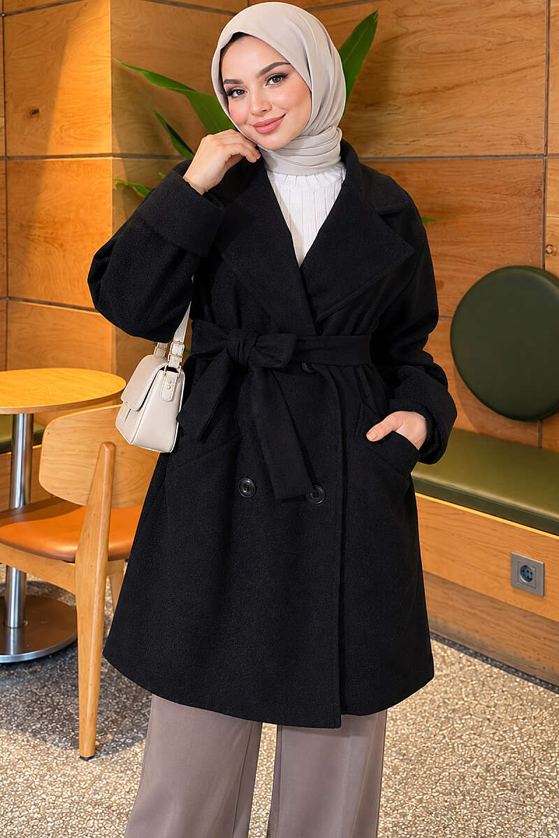 Belted Felt Coat with Epaulette Cuffs - Black