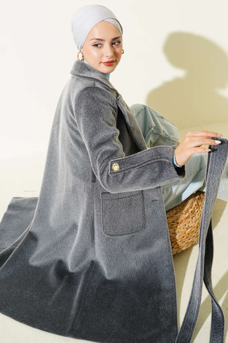 Belted Pony-Hair Coat with Cuff Tabs - Smoke Grey