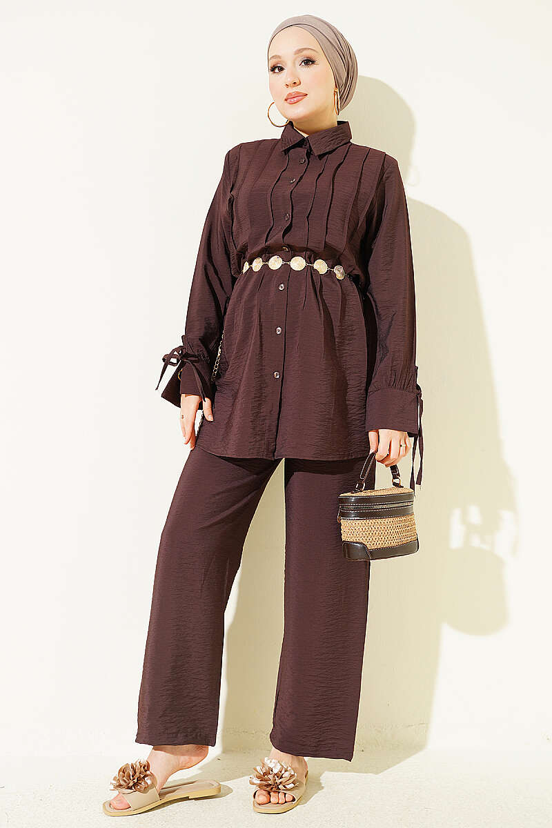 Pintuck-Front Two-Piece Set with Cuff Ties - Brown