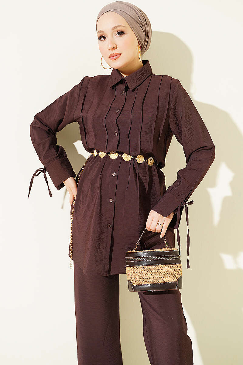 Pintuck-Front Two-Piece Set with Cuff Ties - Brown
