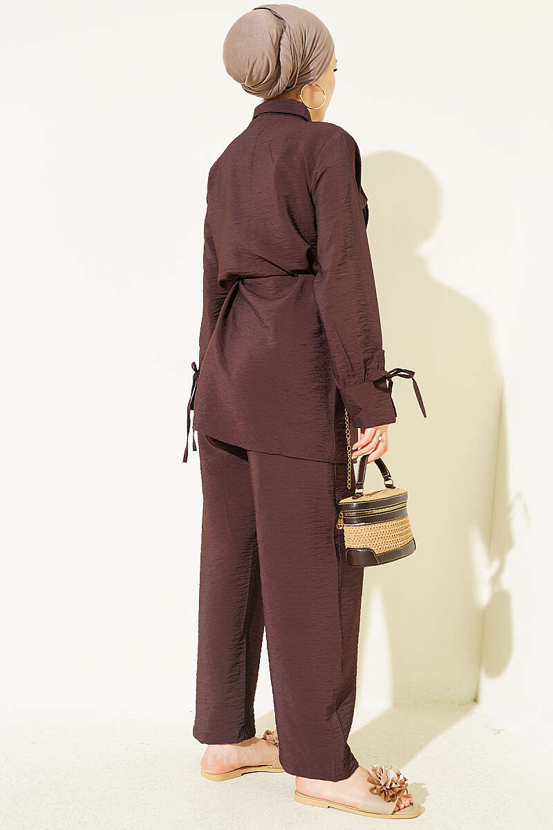 Pintuck-Front Two-Piece Set with Cuff Ties - Brown