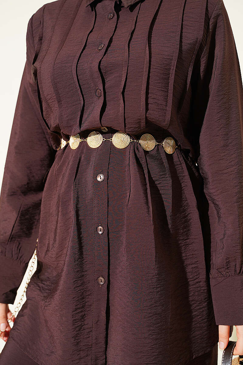 Pintuck-Front Two-Piece Set with Cuff Ties - Brown