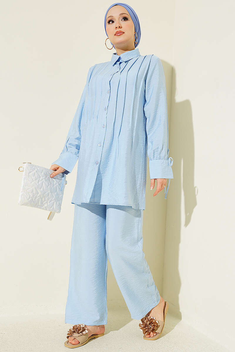 Pintuck-Front Two-Piece Set with Cuff Ties - Blue