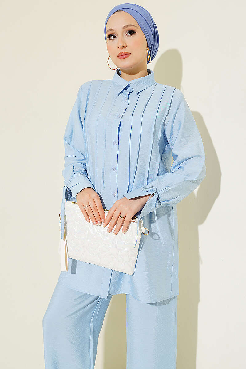 Pintuck-Front Two-Piece Set with Cuff Ties - Blue