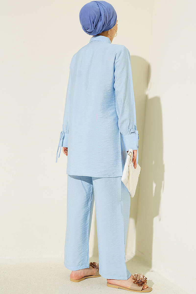 Pintuck-Front Two-Piece Set with Cuff Ties - Blue
