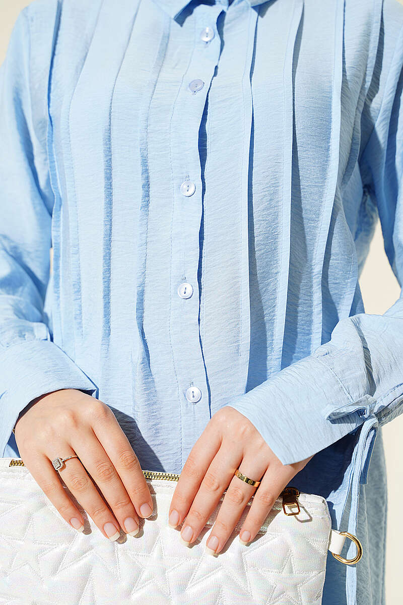 Pintuck-Front Two-Piece Set with Cuff Ties - Blue