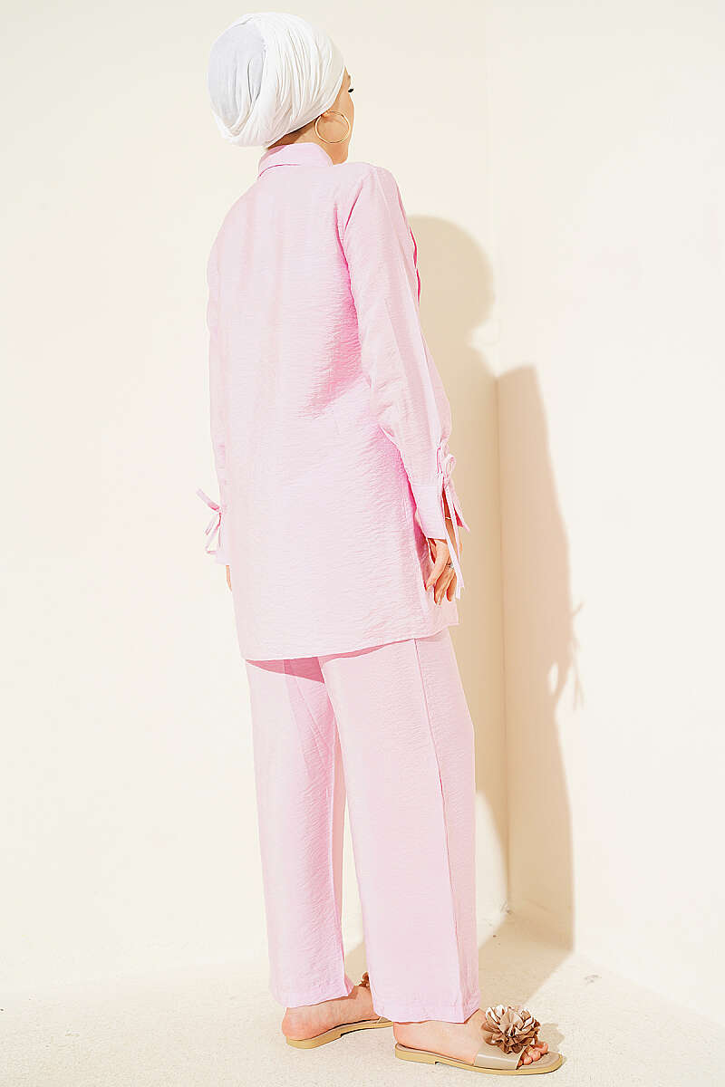 Pintuck-Front Two-Piece Set with Cuff Ties - Pink