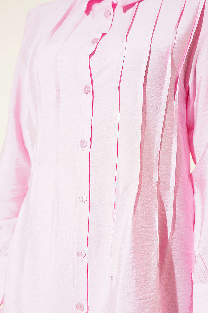 Pintuck-Front Two-Piece Set with Cuff Ties - Pink