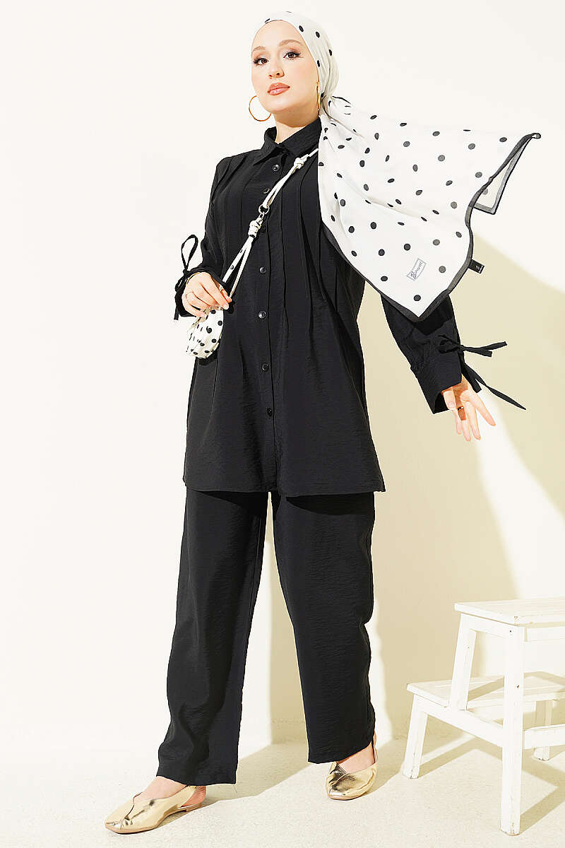 Pintuck-Front Two-Piece Set with Cuff Ties - Black