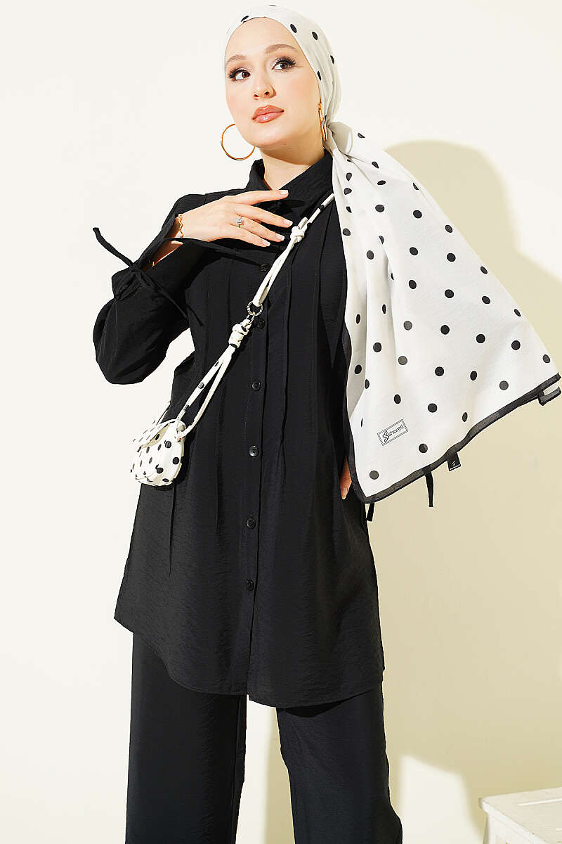 Pintuck-Front Two-Piece Set with Cuff Ties - Black