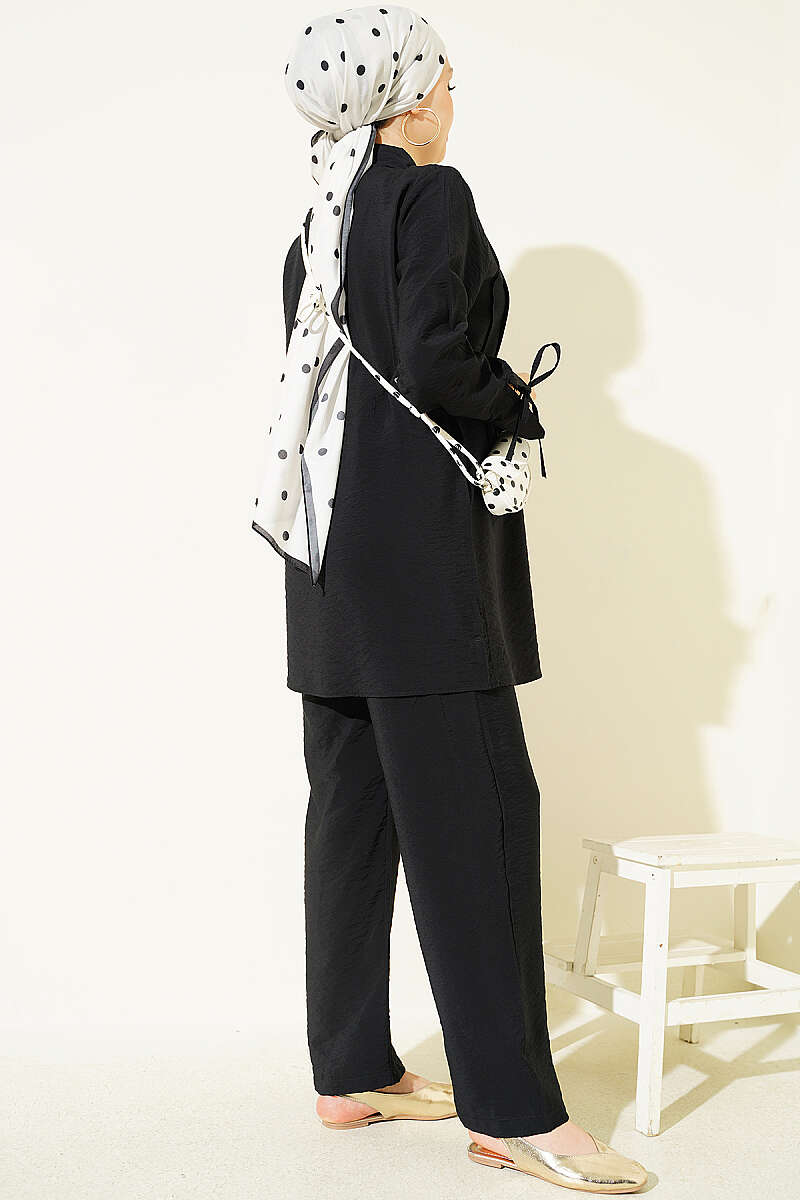 Pintuck-Front Two-Piece Set with Cuff Ties - Black