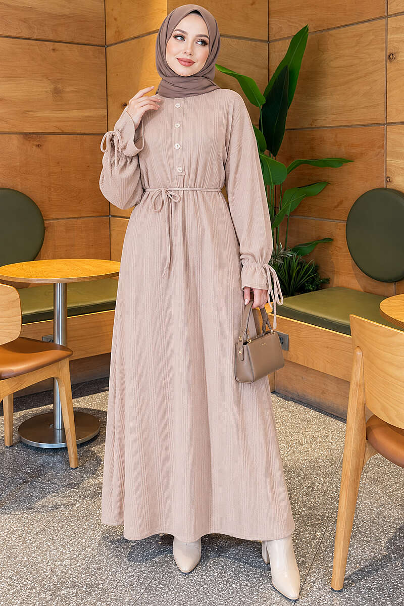 Knit Dress with Tie Cuffs - Beige