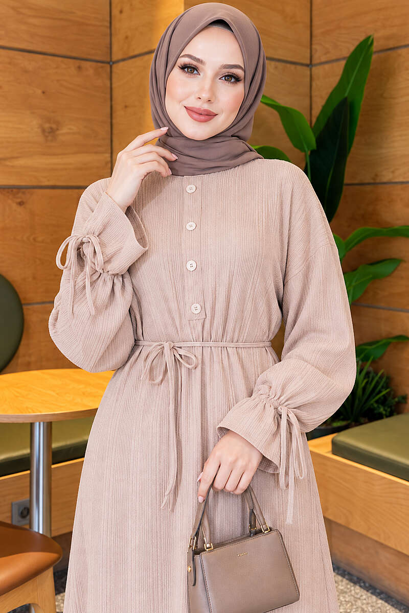 Knit Dress with Tie Cuffs - Beige