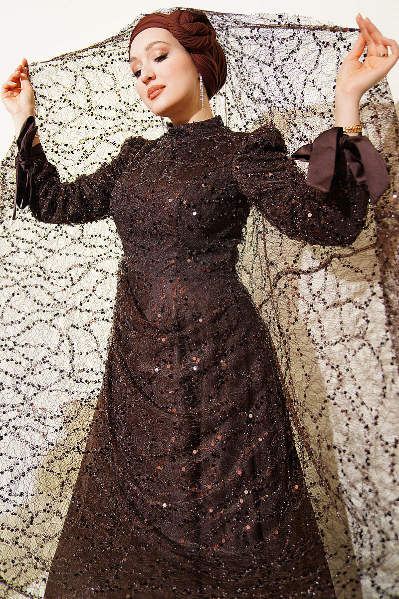 Sequin Evening Dress with Stones and Cuff Ties - Dark Brown