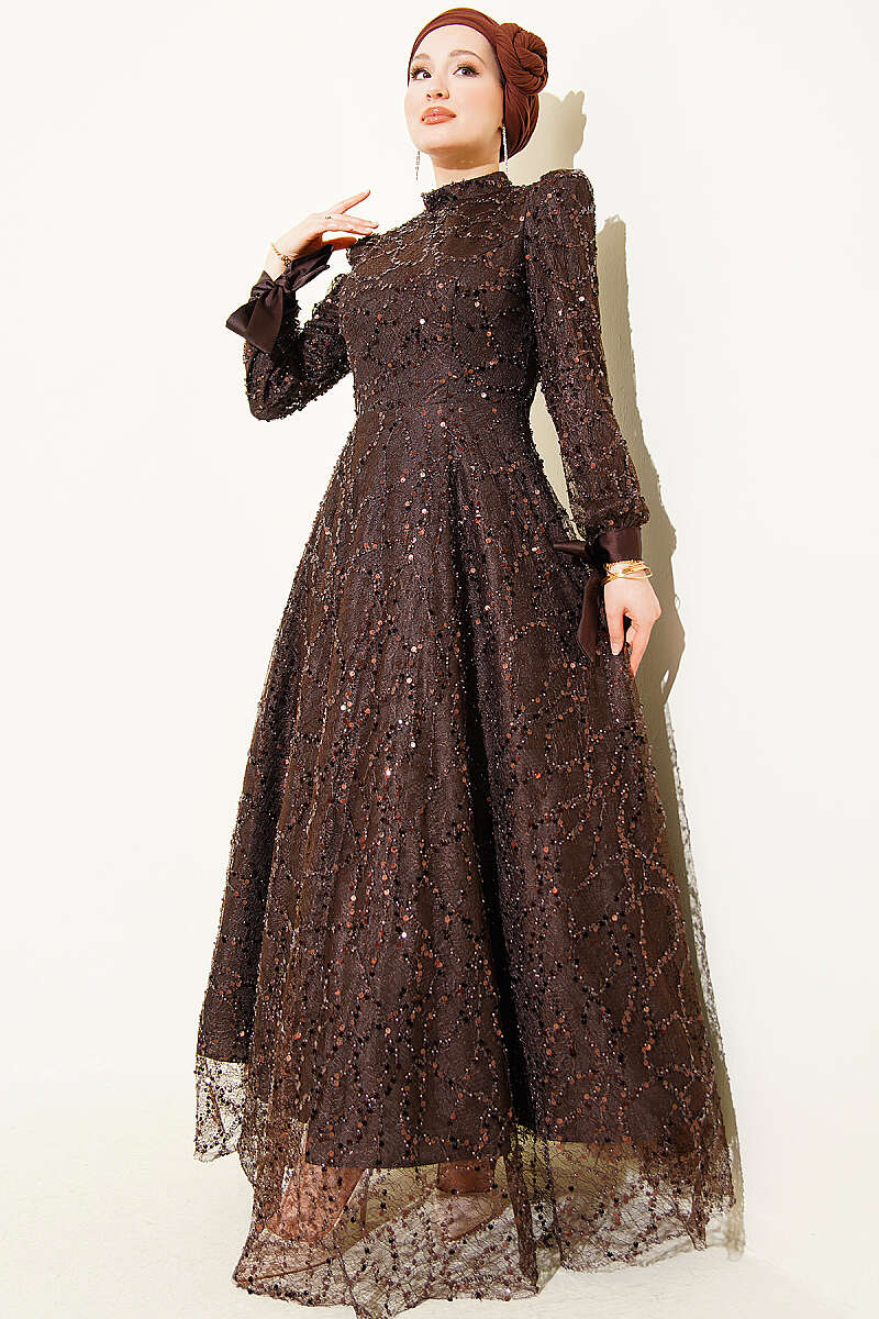 Sequin Evening Dress with Stones and Cuff Ties - Dark Brown