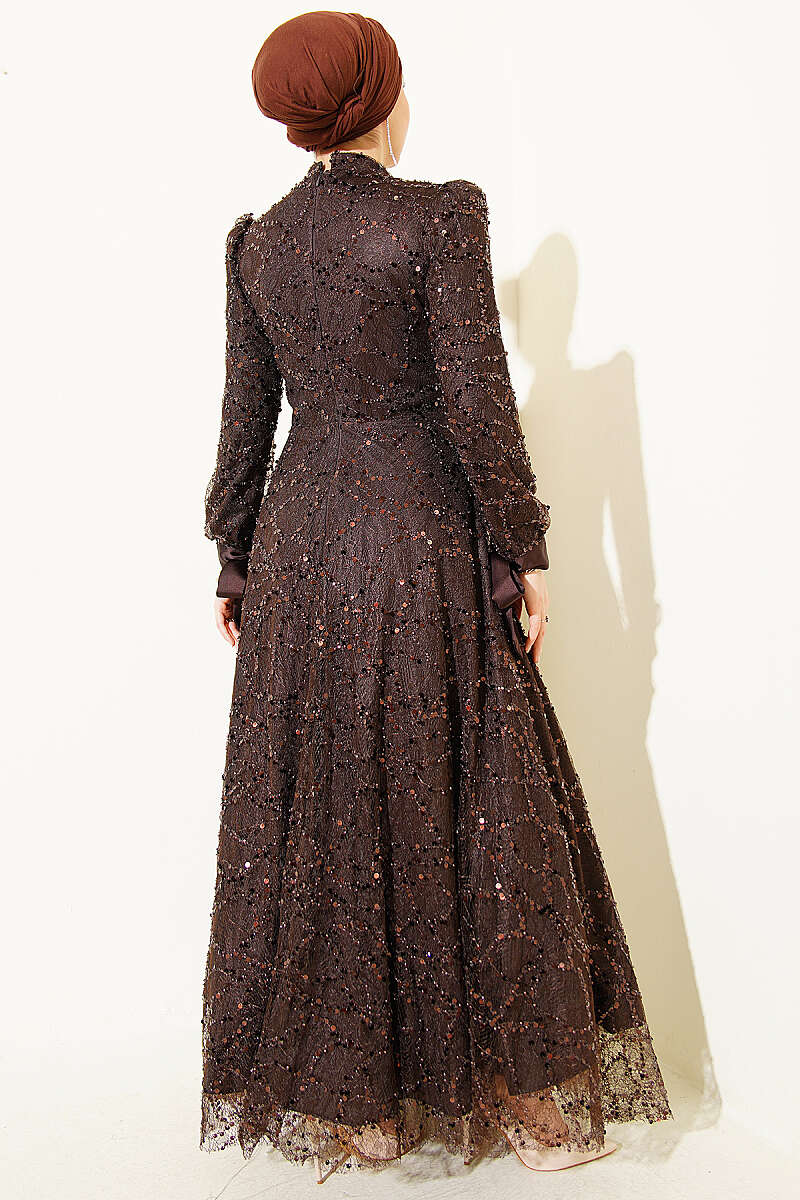 Sequin Evening Dress with Stones and Cuff Ties - Dark Brown