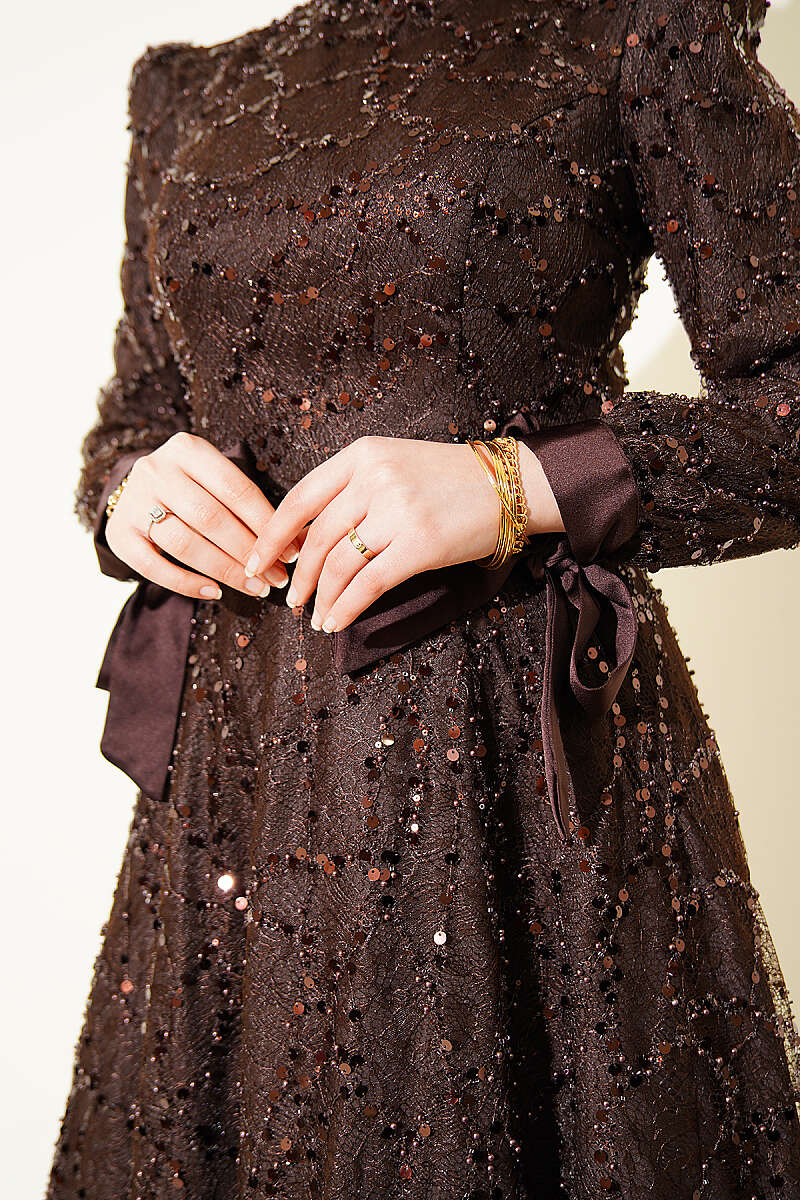 Sequin Evening Dress with Stones and Cuff Ties - Dark Brown
