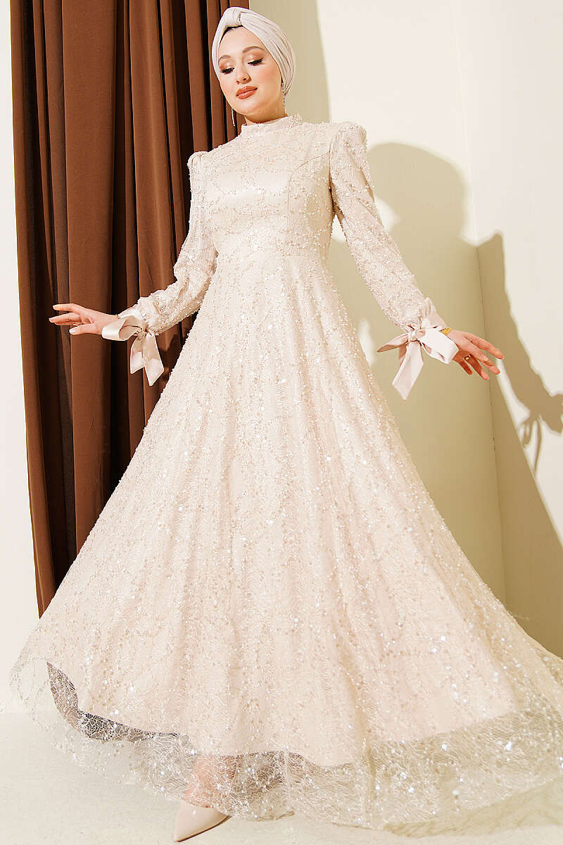 Sequin Evening Dress with Stones and Cuff Ties - Beige