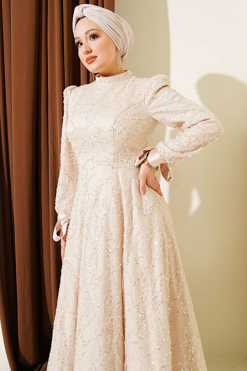 Sequin Evening Dress with Stones and Cuff Ties - Beige