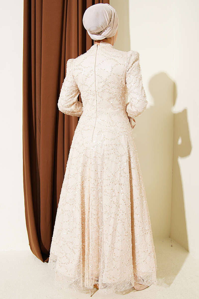 Sequin Evening Dress with Stones and Cuff Ties - Beige