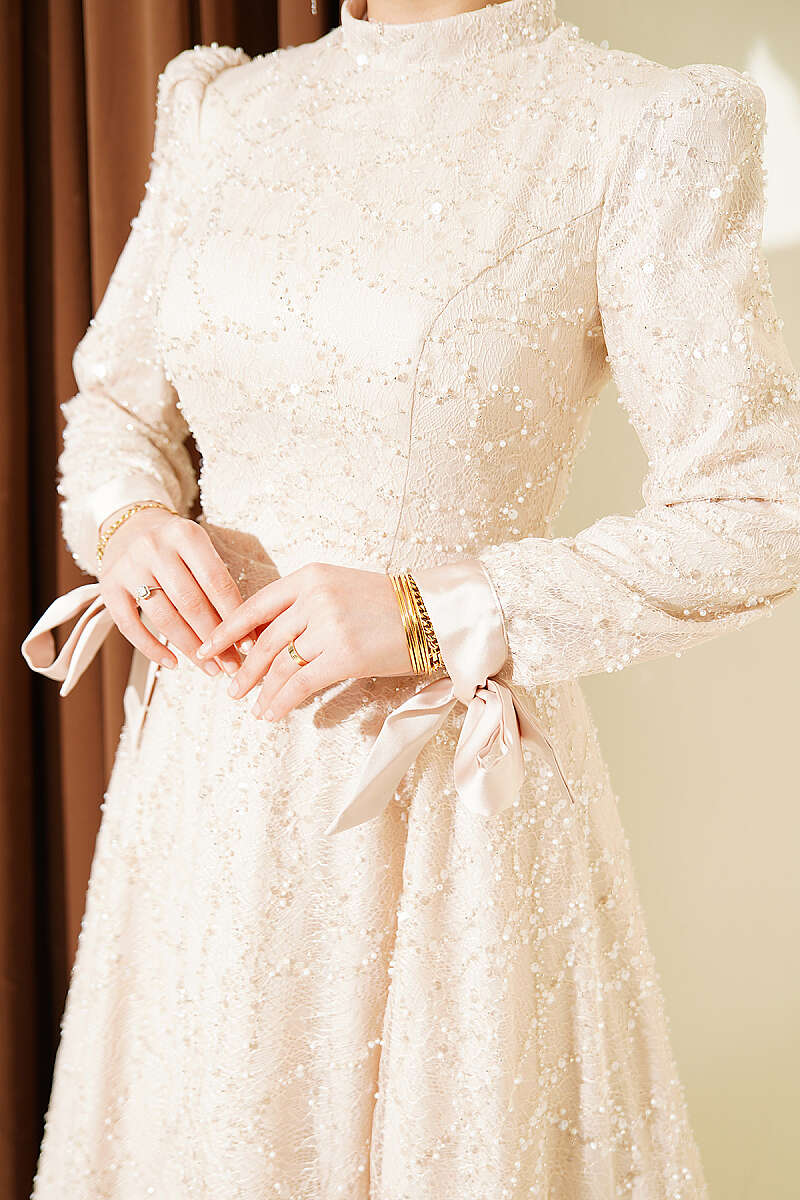 Sequin Evening Dress with Stones and Cuff Ties - Beige