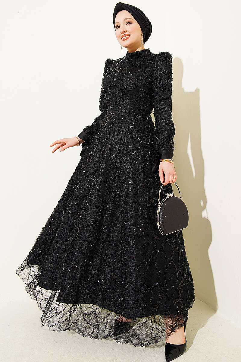Sequin Evening Dress with Stones and Cuff Ties - Black