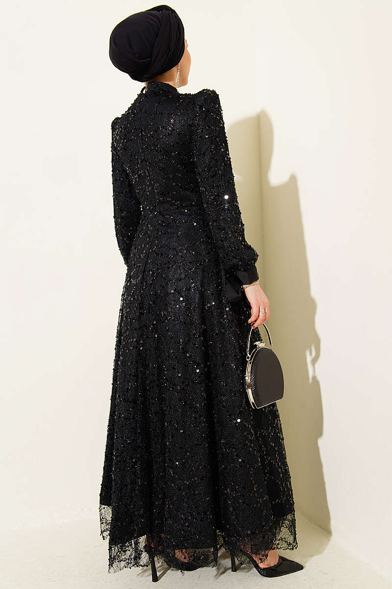 Sequin Evening Dress with Stones and Cuff Ties - Black