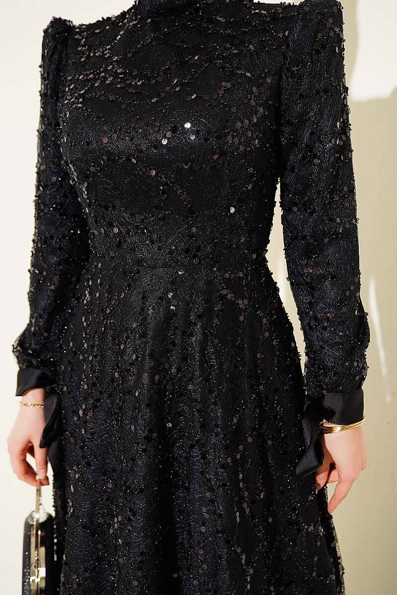 Sequin Evening Dress with Stones and Cuff Ties - Black