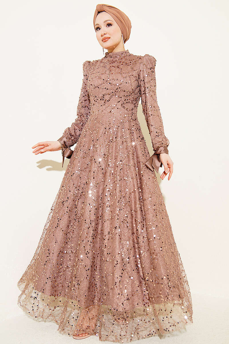 Sequin Evening Dress with Stones and Cuff Ties - Mink