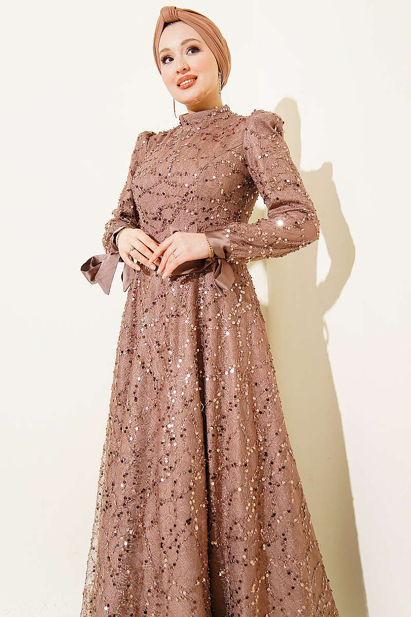 Sequin Evening Dress with Stones and Cuff Ties - Mink