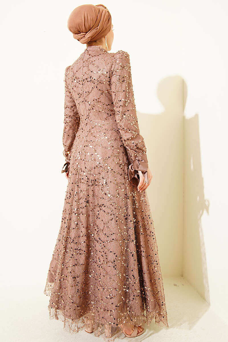Sequin Evening Dress with Stones and Cuff Ties - Mink