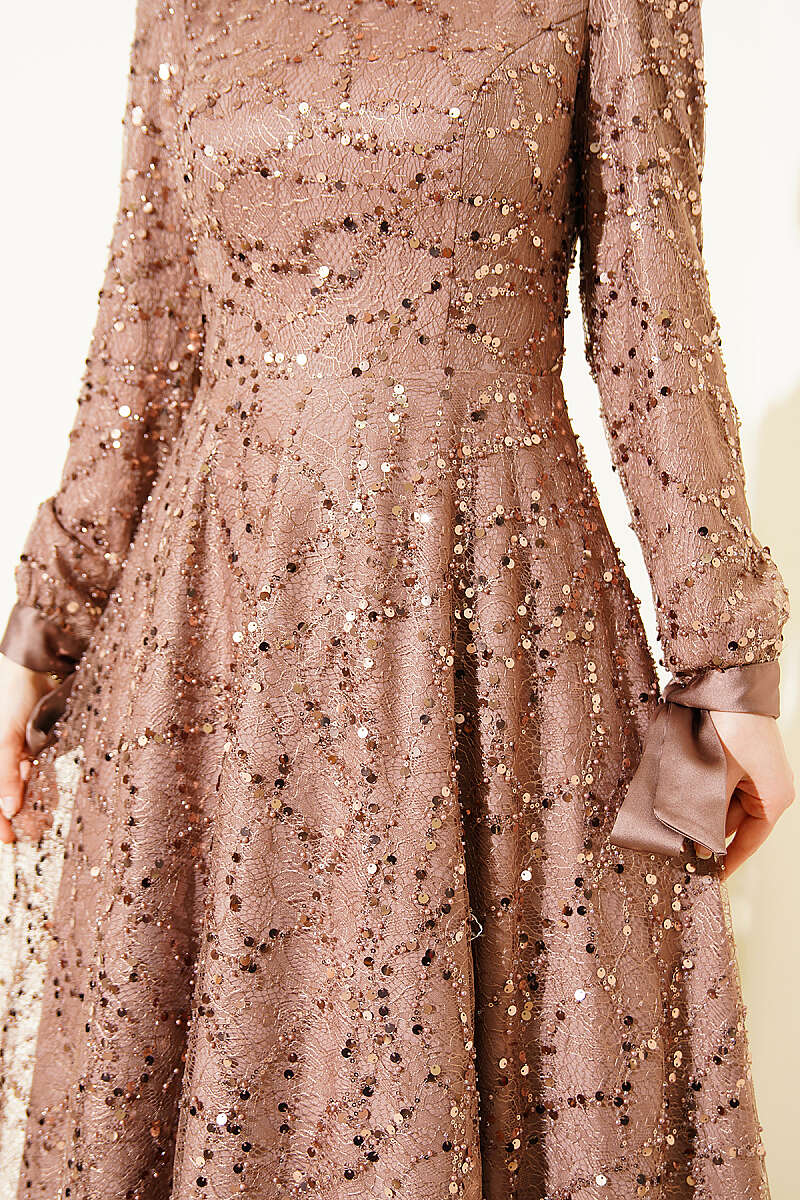Sequin Evening Dress with Stones and Cuff Ties - Mink
