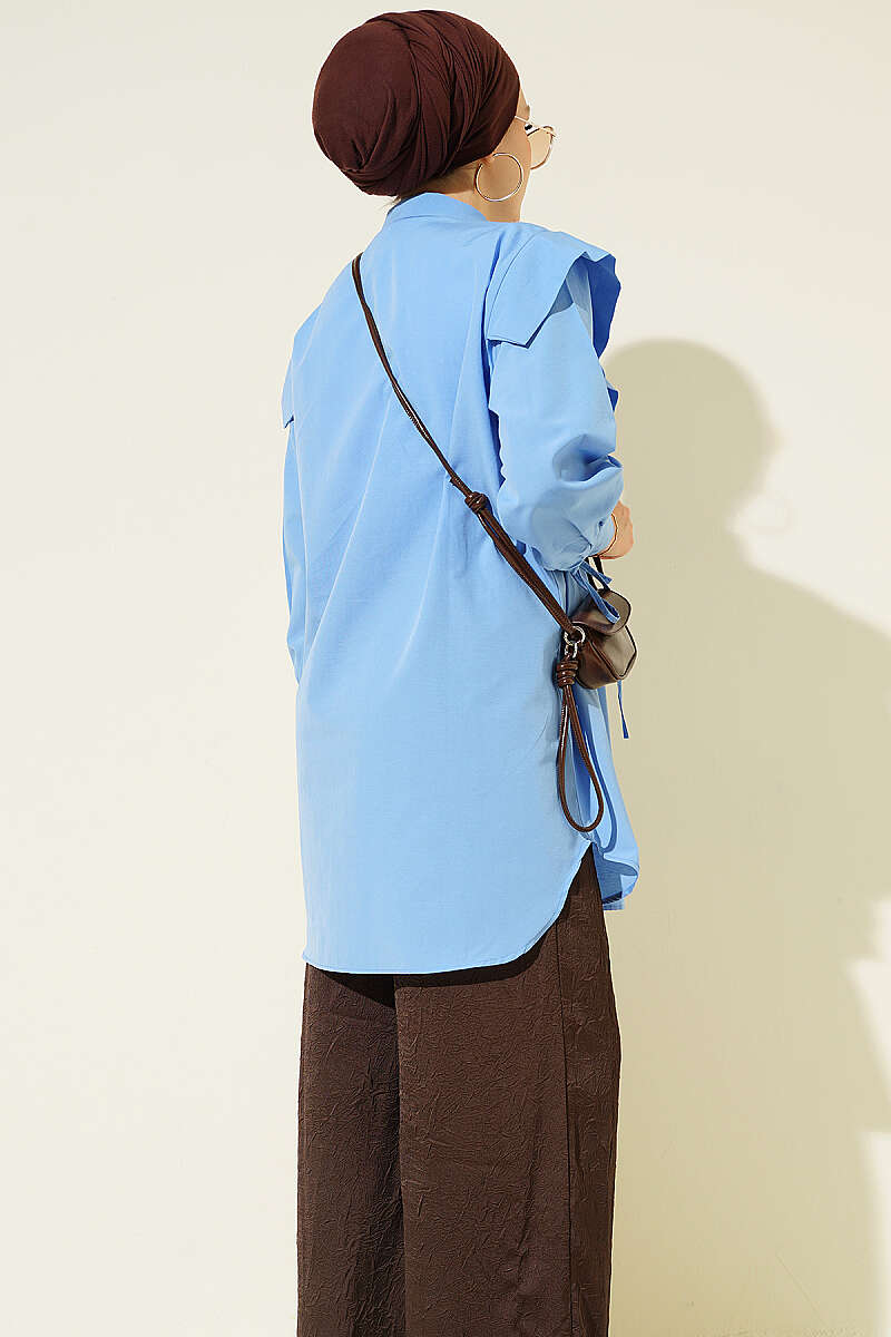 V-Panel Shirt with Tie Cuffs - Light Blue