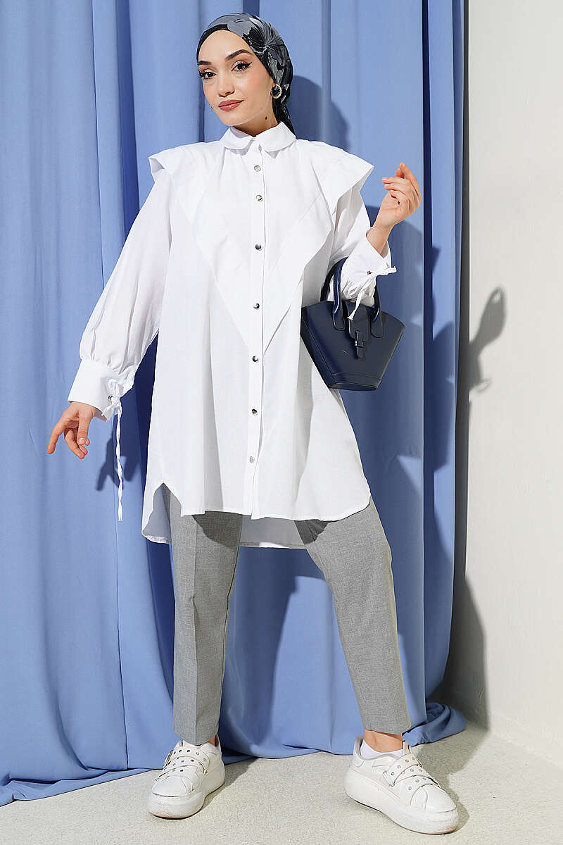 V-Panel Shirt with Tie Cuffs - White