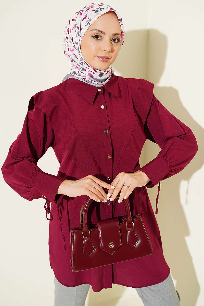 V-Panel Shirt with Tie Cuffs - Burgundy