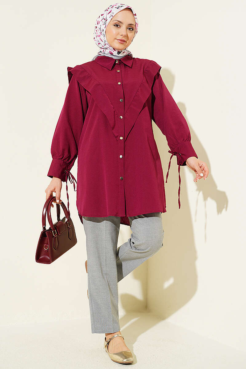V-Panel Shirt with Tie Cuffs - Burgundy
