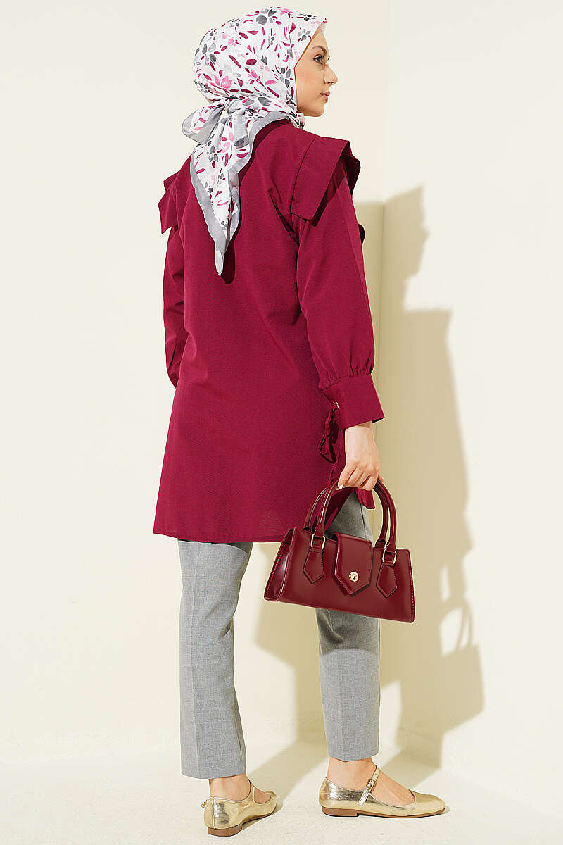 V-Panel Shirt with Tie Cuffs - Burgundy