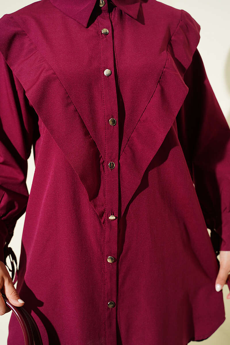 V-Panel Shirt with Tie Cuffs - Burgundy