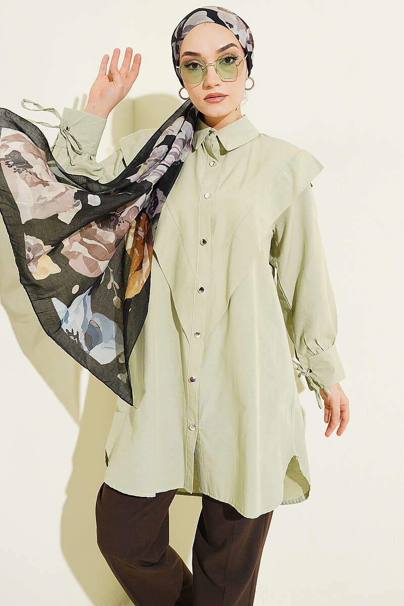V-Panel Shirt with Tie Cuffs - Almond Green