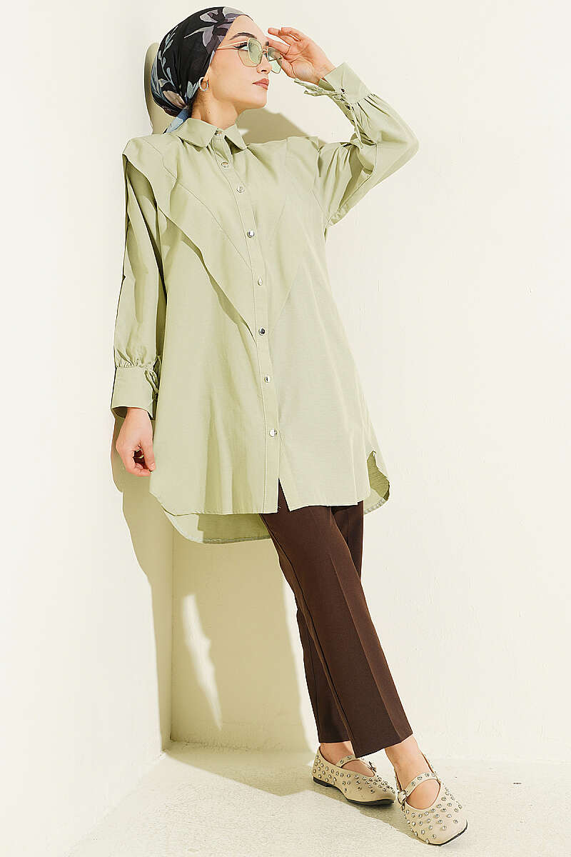 V-Panel Shirt with Tie Cuffs - Almond Green