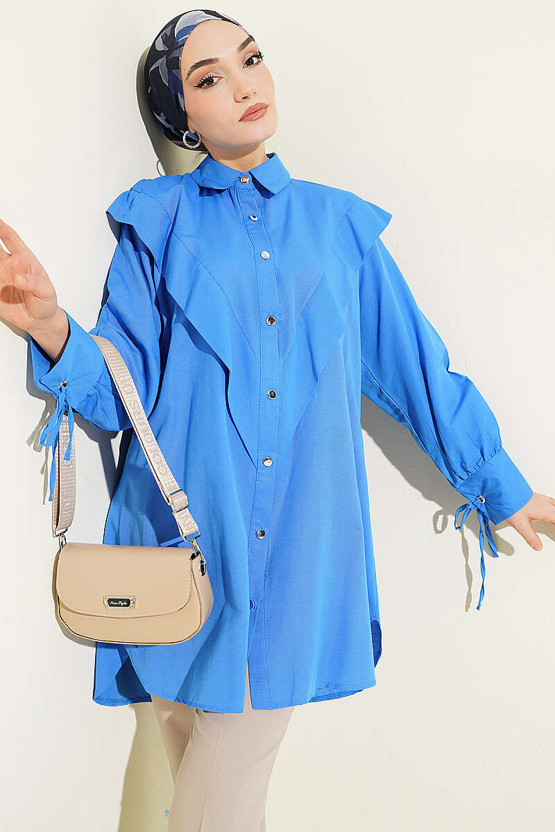 V-Panel Shirt with Tie Cuffs - Blue