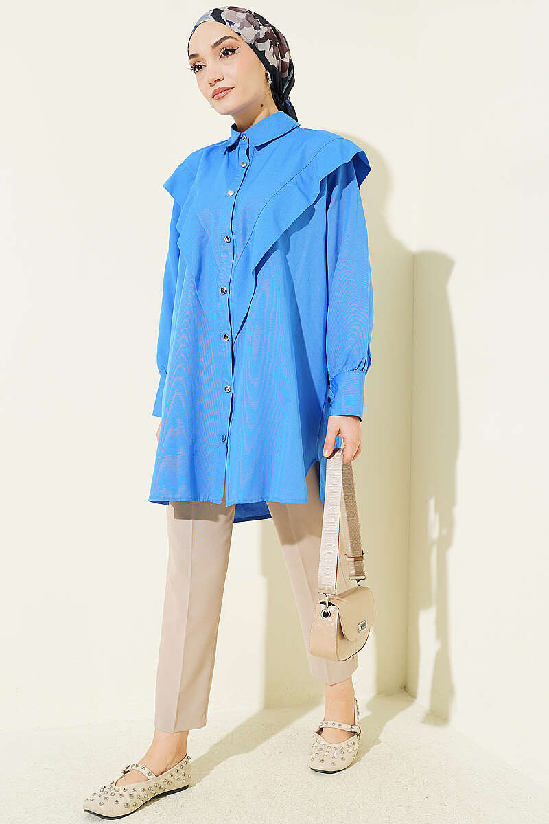 V-Panel Shirt with Tie Cuffs - Blue