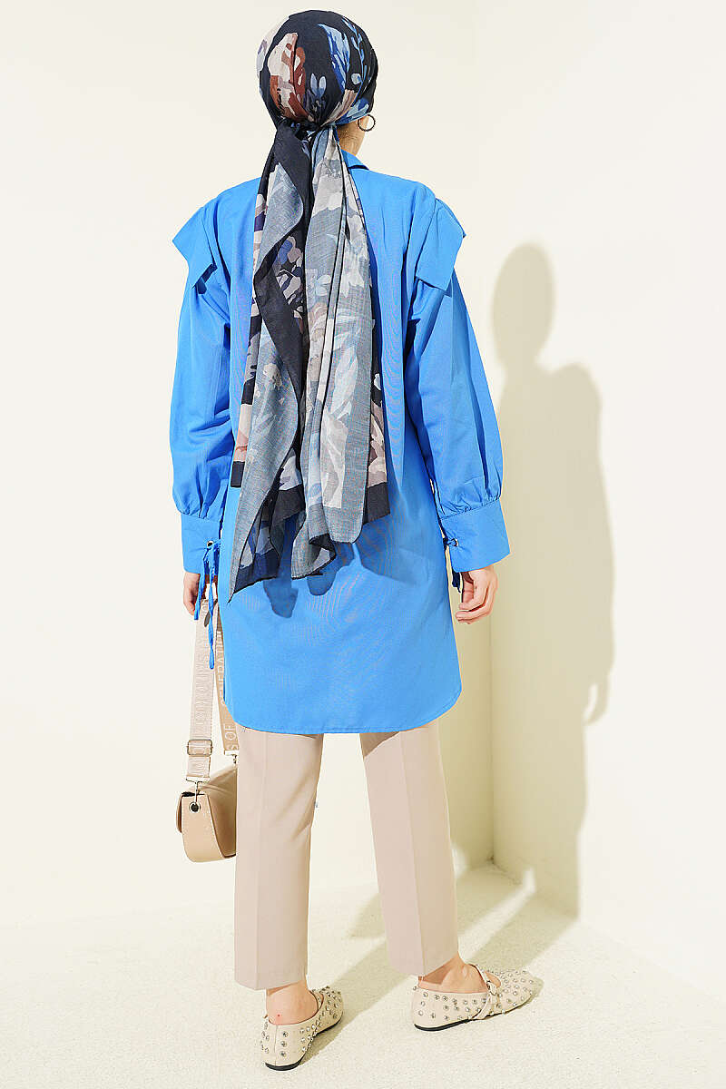 V-Panel Shirt with Tie Cuffs - Blue