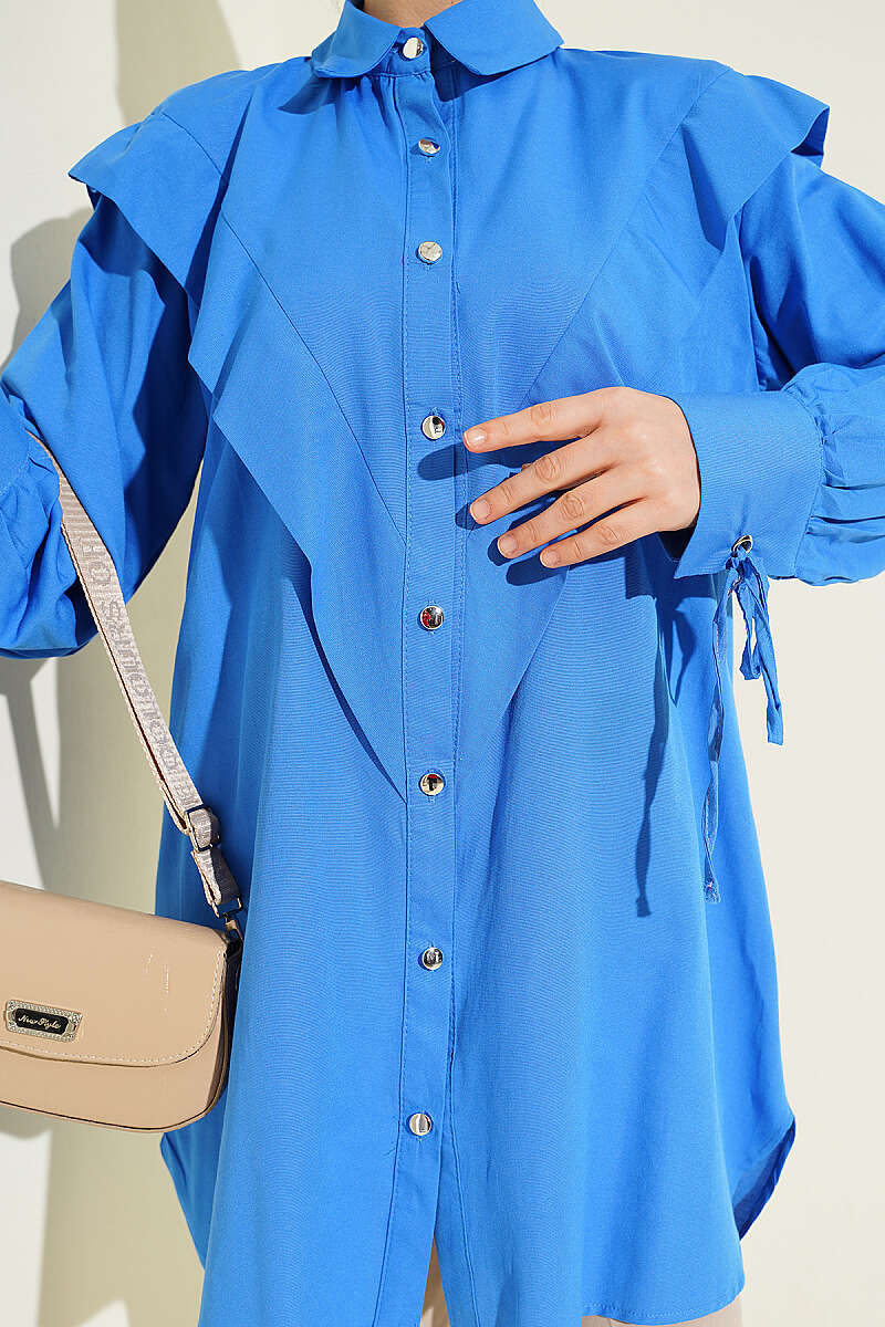 V-Panel Shirt with Tie Cuffs - Blue