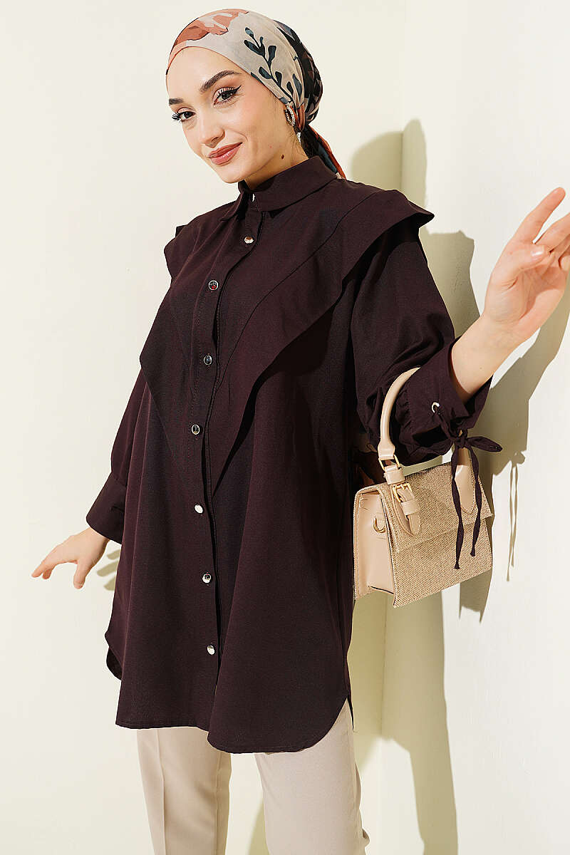 V-Panel Shirt with Tie Cuffs - Plum