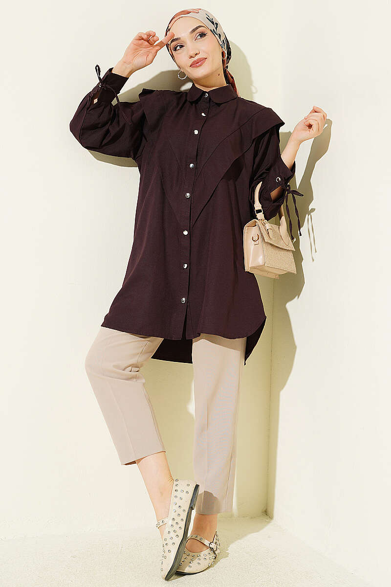 V-Panel Shirt with Tie Cuffs - Plum